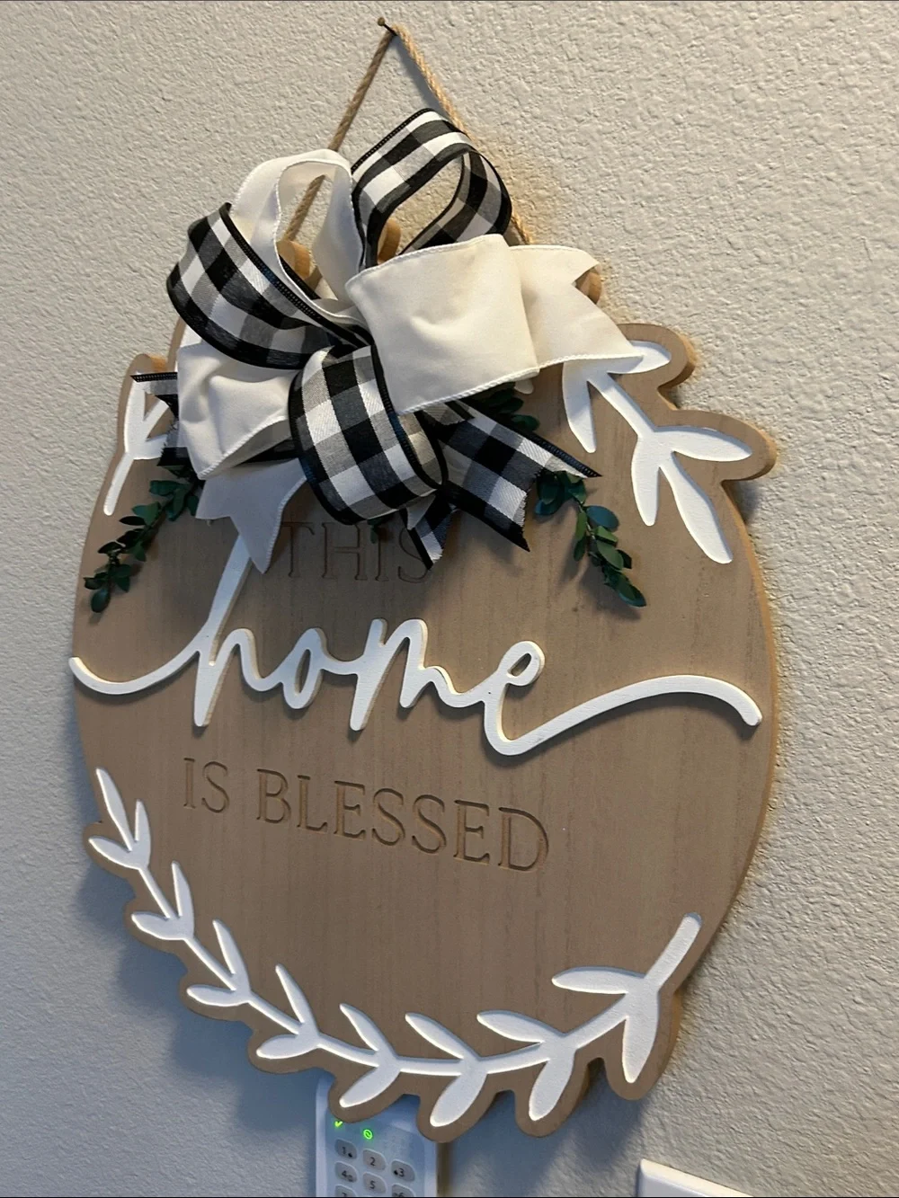 'This Home Is Blessed' Wood Wall Sign with Black Buffalo Check Bow